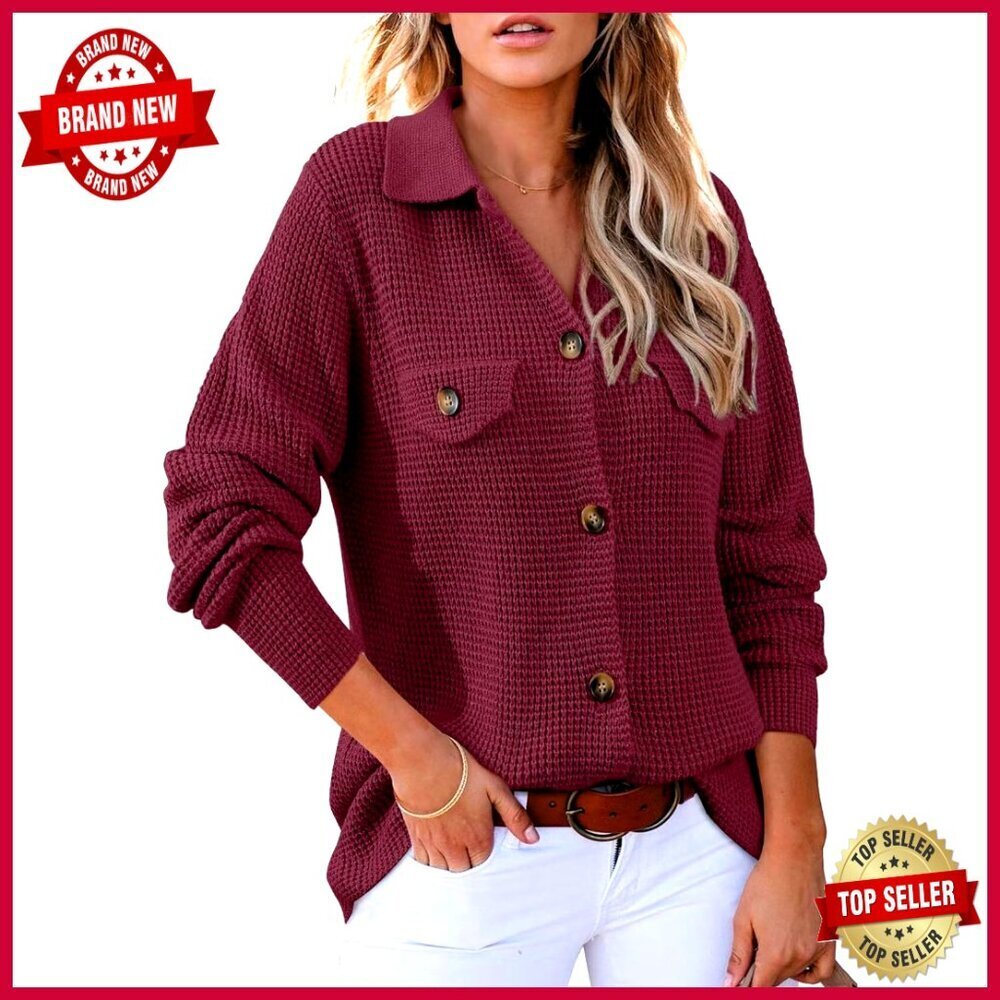 Waffle Knit Cardigan Shacket Button Down Long Sleeve V-Neck Top